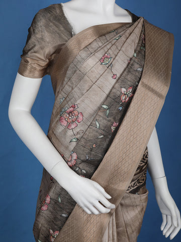 Grey Floral Designed Semi Tussar Saree - Diadem
