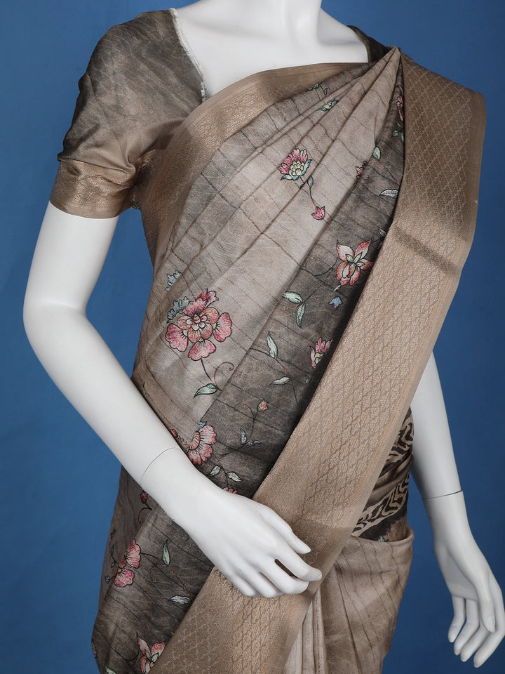 Grey Floral Designed Semi Tussar Saree - Diadem