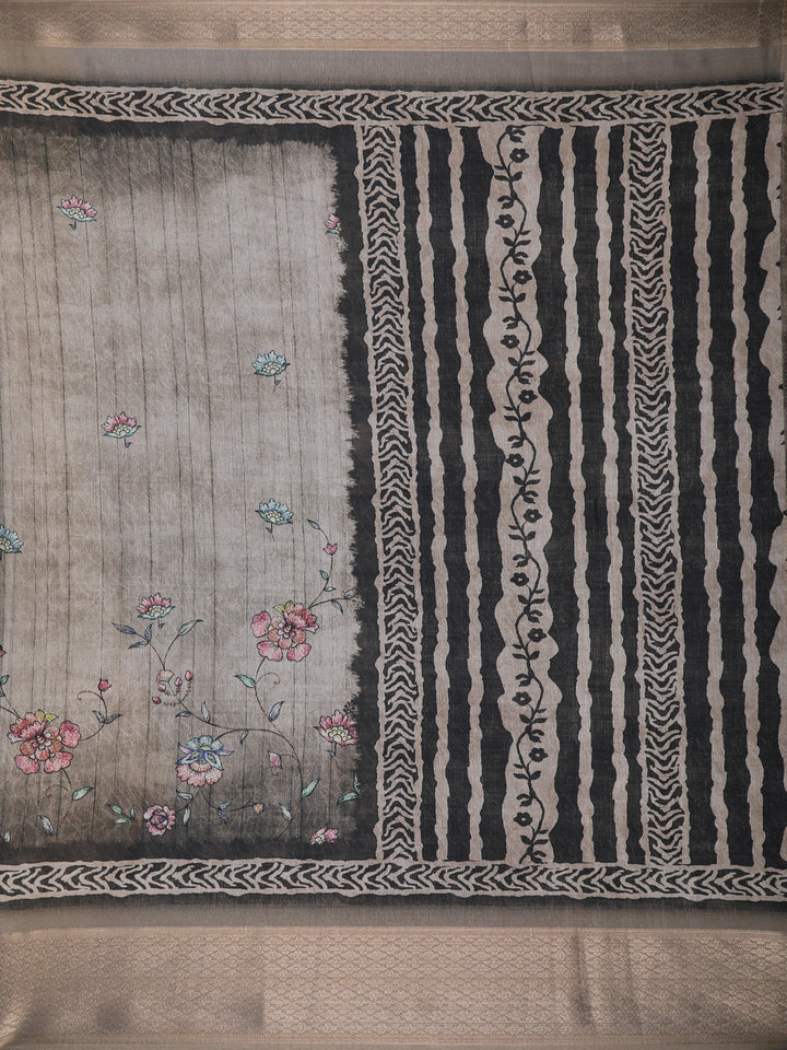 Grey Floral Designed Semi Tussar Saree - Diadem