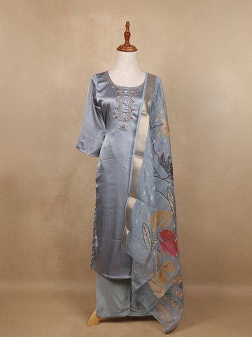 Grey Floral Designed Silk Salwar Suit - Diadem