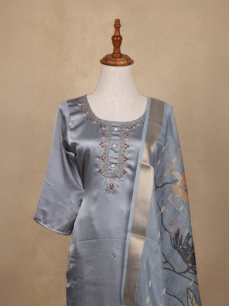 Grey Floral Designed Silk Salwar Suit - Diadem