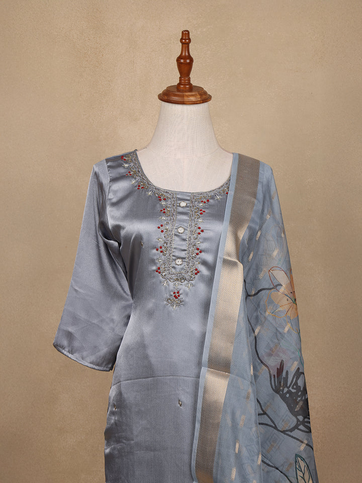 Grey Floral Designed Silk Salwar Suit - Diadem