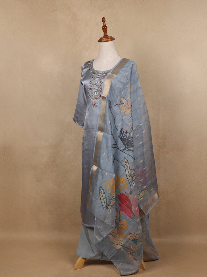 Grey Floral Designed Silk Salwar Suit - Diadem