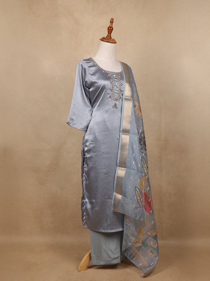 Grey Floral Designed Silk Salwar Suit - Diadem