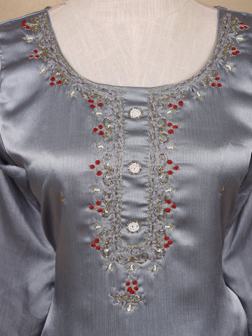 Grey Floral Designed Silk Salwar Suit - Diadem