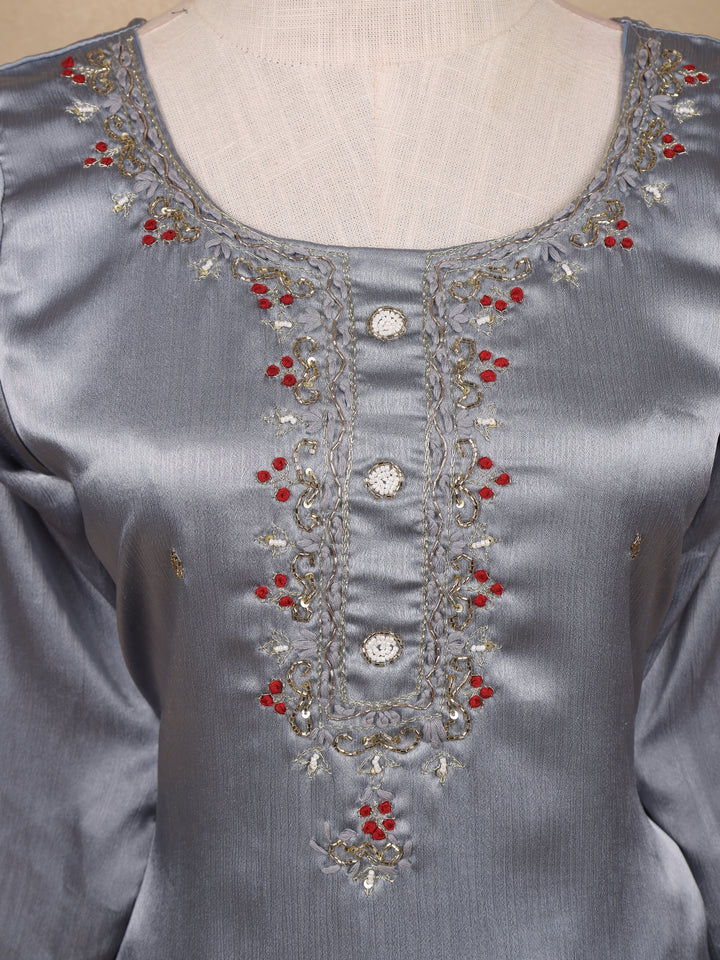 Grey Floral Designed Silk Salwar Suit - Diadem