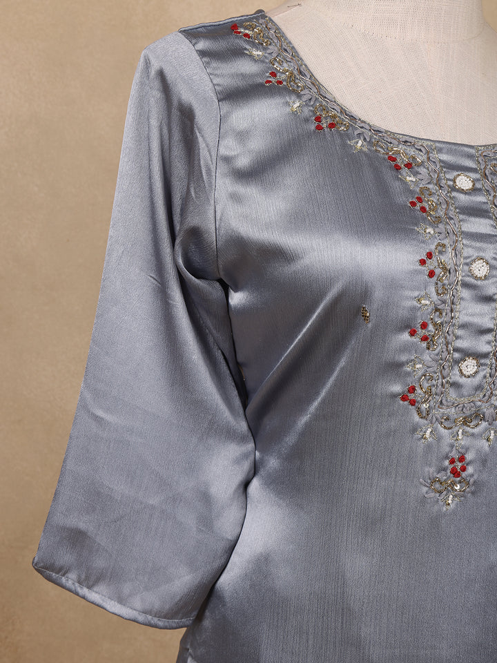Grey Floral Designed Silk Salwar Suit - Diadem