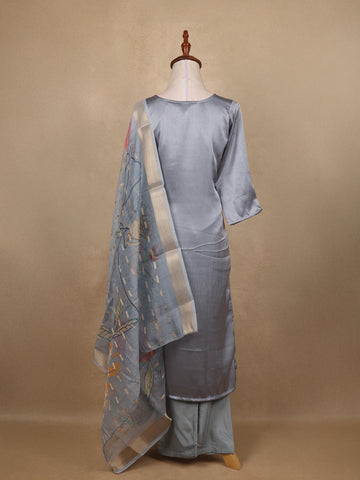 Grey Floral Designed Silk Salwar Suit - Diadem