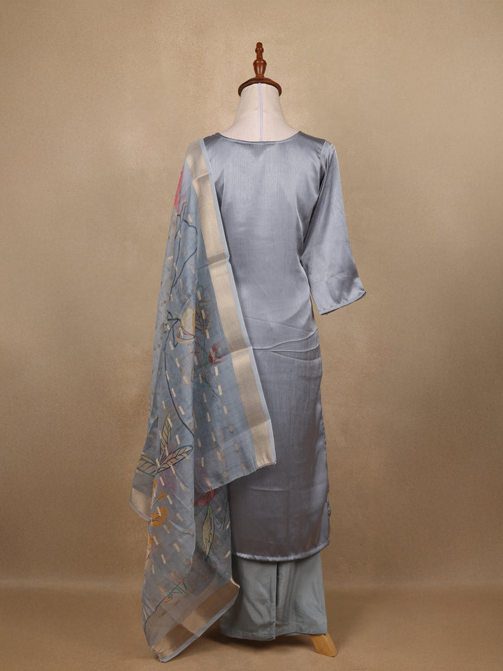 Grey Floral Designed Silk Salwar Suit - Diadem