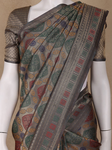 Grey Floral Designed Soft Silk Saree - Diadem