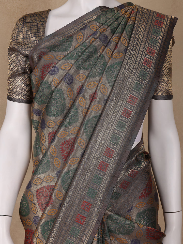Grey Floral Designed Soft Silk Saree - Diadem