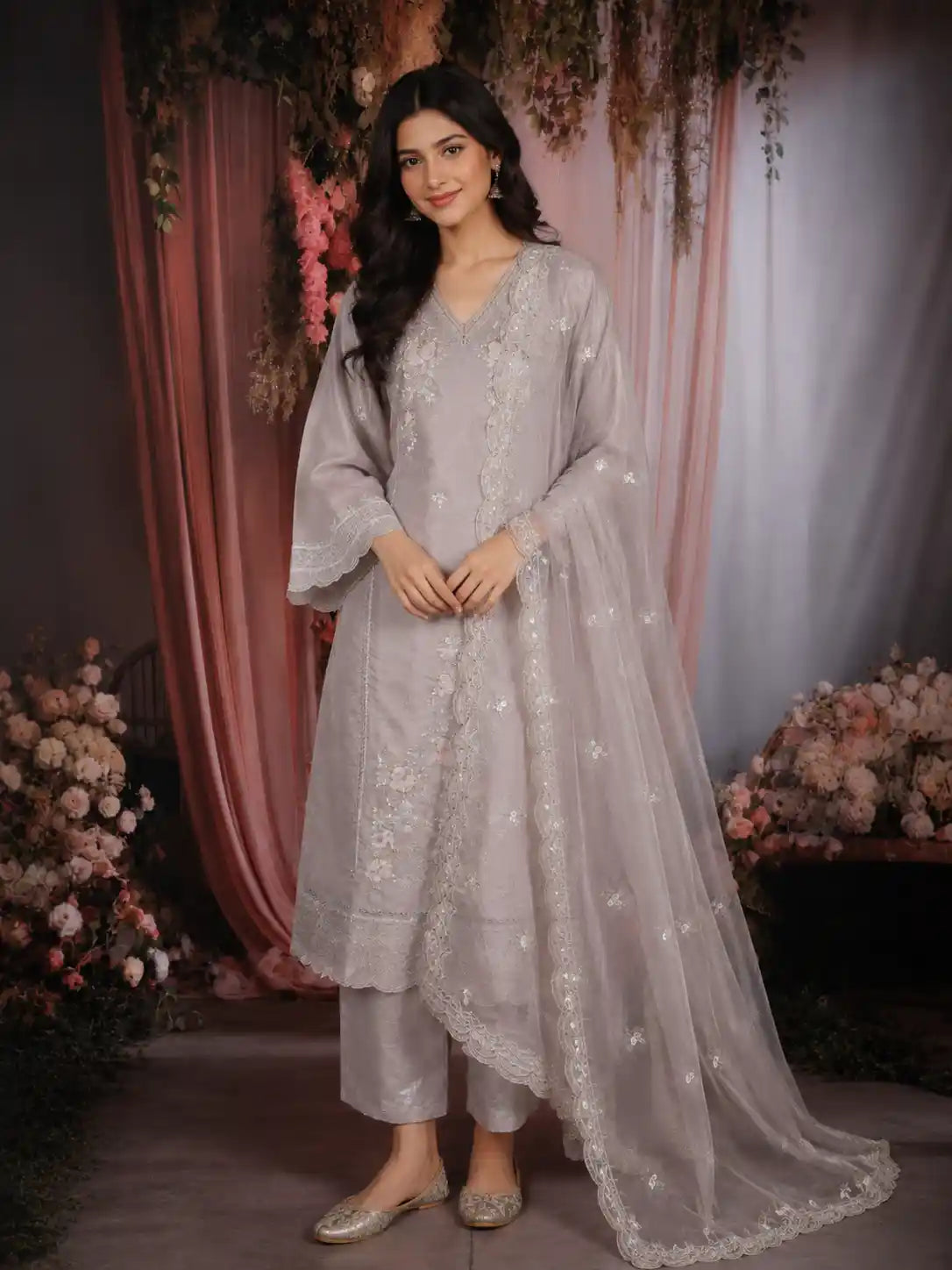 Grey Floral Embroidered Design Tissue Cotton Straight Cut Salwar Suit