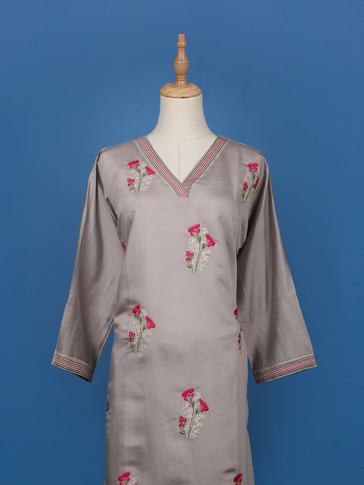 Grey Floral Embroidered Semi-Silk Straight Cut Salwar Suit - Diadem