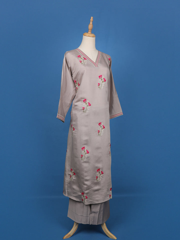 Grey Floral Embroidered Semi-Silk Straight Cut Salwar Suit - Diadem