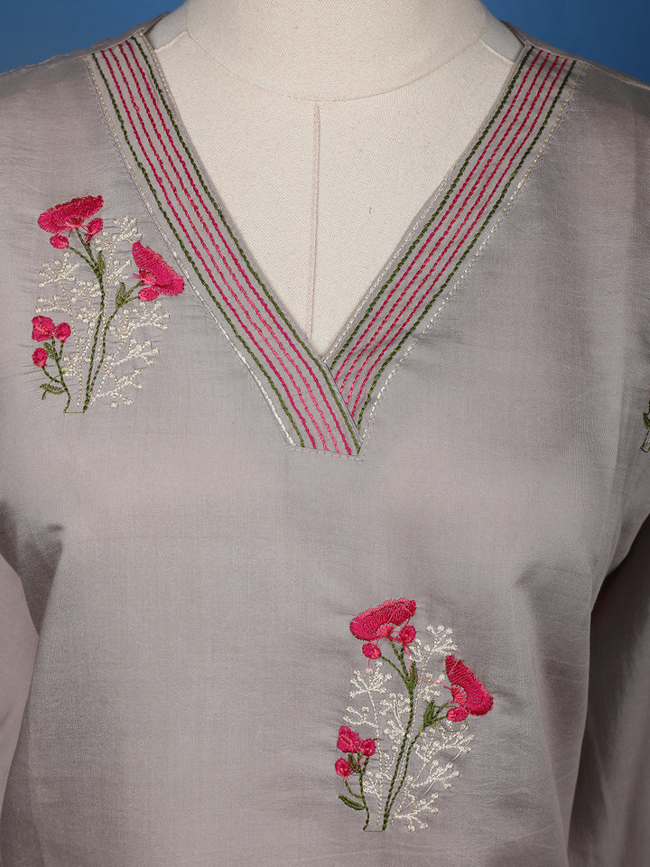 Grey Floral Embroidered Semi-Silk Straight Cut Salwar Suit - Diadem