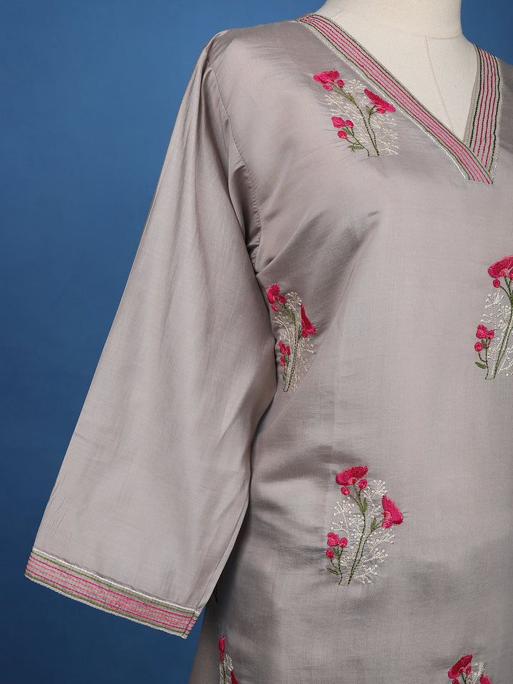 Grey Floral Embroidered Semi-Silk Straight Cut Salwar Suit - Diadem