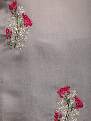 Grey Floral Embroidered Semi-Silk Straight Cut Salwar Suit - Diadem