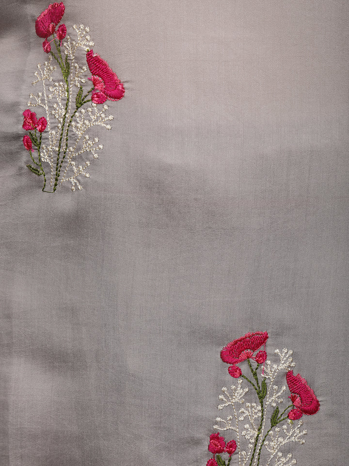 Grey Floral Embroidered Semi-Silk Straight Cut Salwar Suit - Diadem