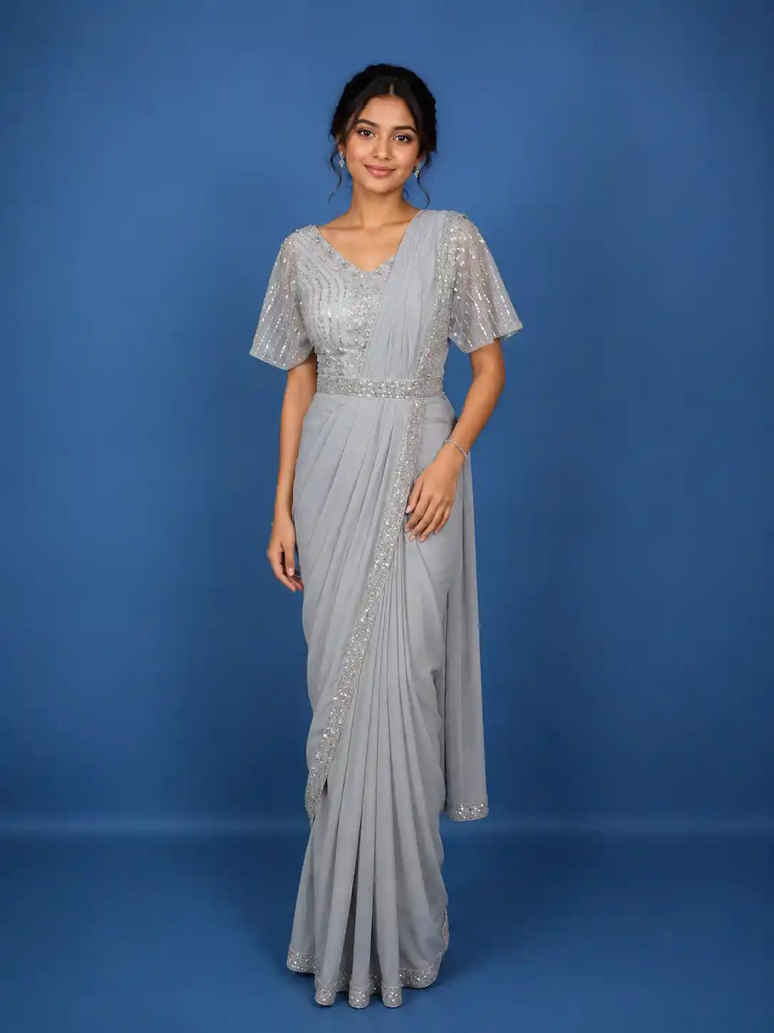 Grey Floral Embroidery Lycra Ready To Wear Saree with Designer Blouse
