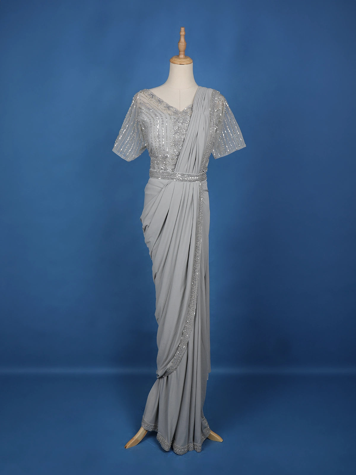 Grey Floral Embroidery Lyrca Ready To Wear Saree with Designer Blouse - Diadem