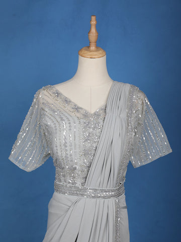 Grey Floral Embroidery Lyrca Ready To Wear Saree with Designer Blouse - Diadem