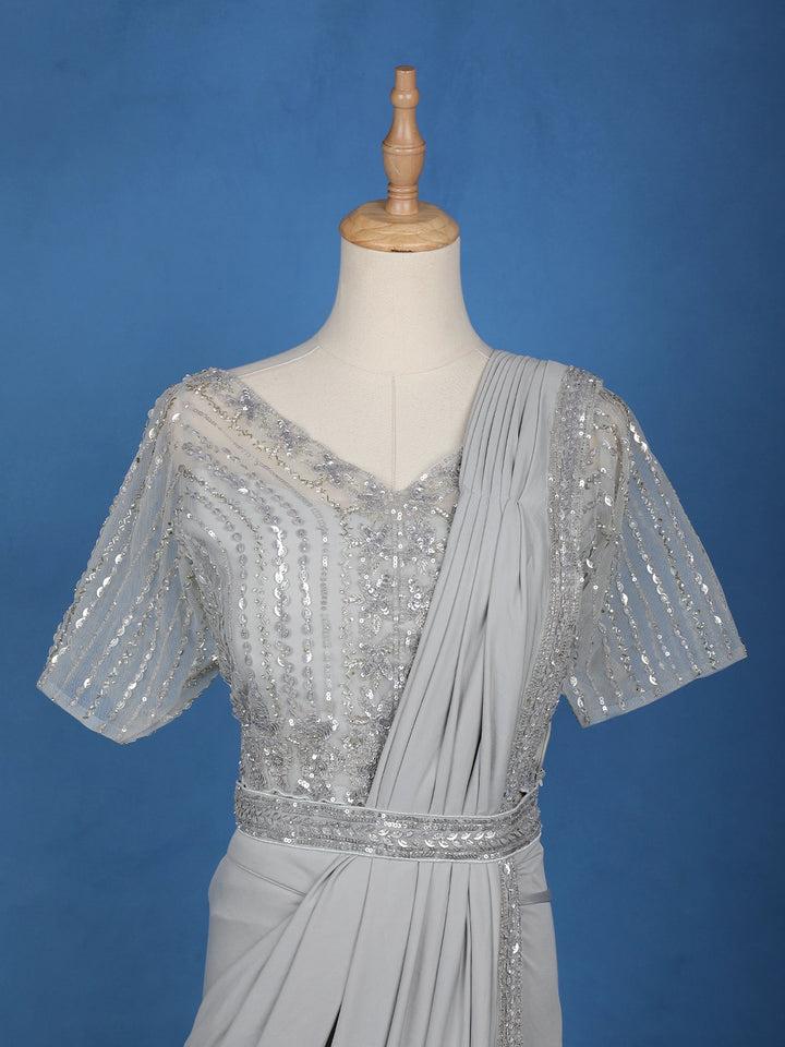 Grey Floral Embroidery Lyrca Ready To Wear Saree with Designer Blouse - Diadem