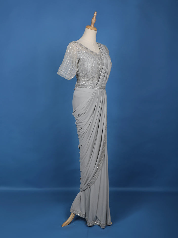 Grey Floral Embroidery Lyrca Ready To Wear Saree with Designer Blouse - Diadem