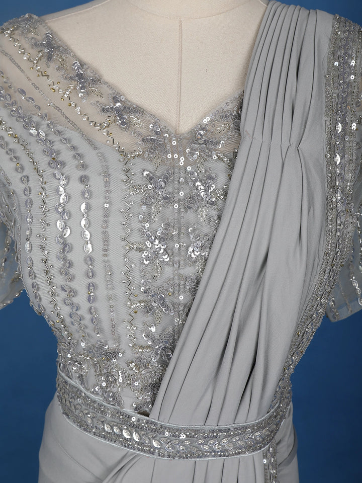 Grey Floral Embroidery Lyrca Ready To Wear Saree with Designer Blouse - Diadem