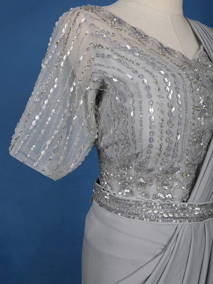 Grey Floral Embroidery Lyrca Ready To Wear Saree with Designer Blouse - Diadem