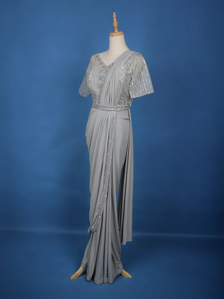 Grey Floral Embroidery Lyrca Ready To Wear Saree with Designer Blouse - Diadem