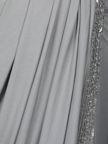 Grey Floral Embroidery Lyrca Ready To Wear Saree with Designer Blouse - Diadem