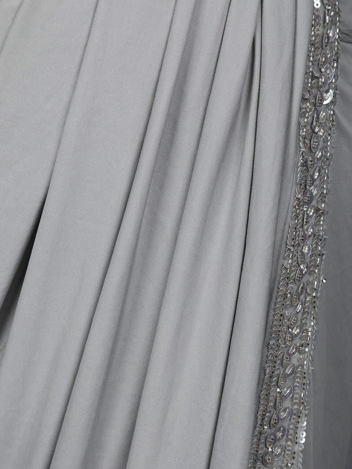 Grey Floral Embroidery Lyrca Ready To Wear Saree with Designer Blouse - Diadem
