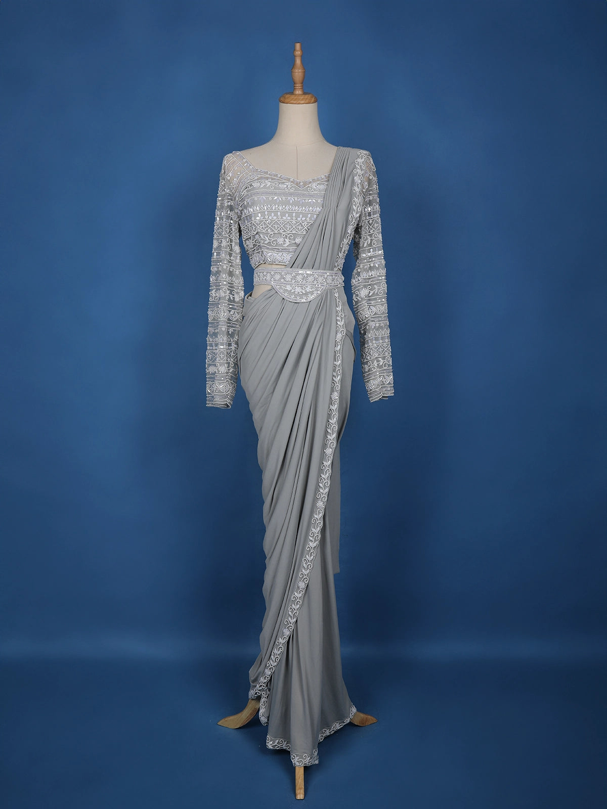 Grey Floral Embroidery Lyrca Ready To Wear Saree with Designer Blouse - Diadem