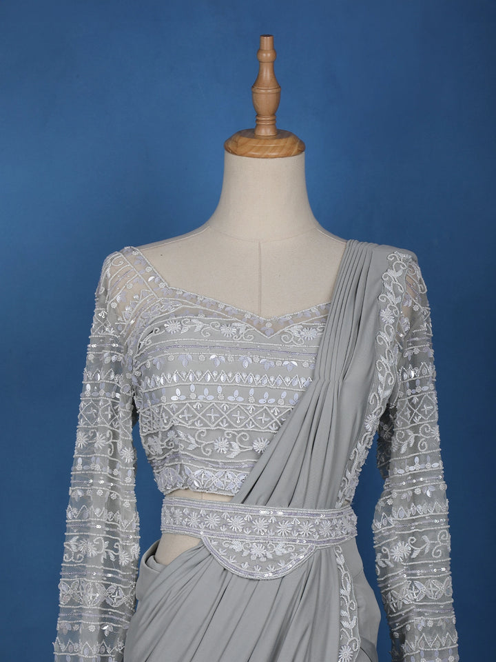 Grey Floral Embroidery Lyrca Ready To Wear Saree with Designer Blouse - Diadem