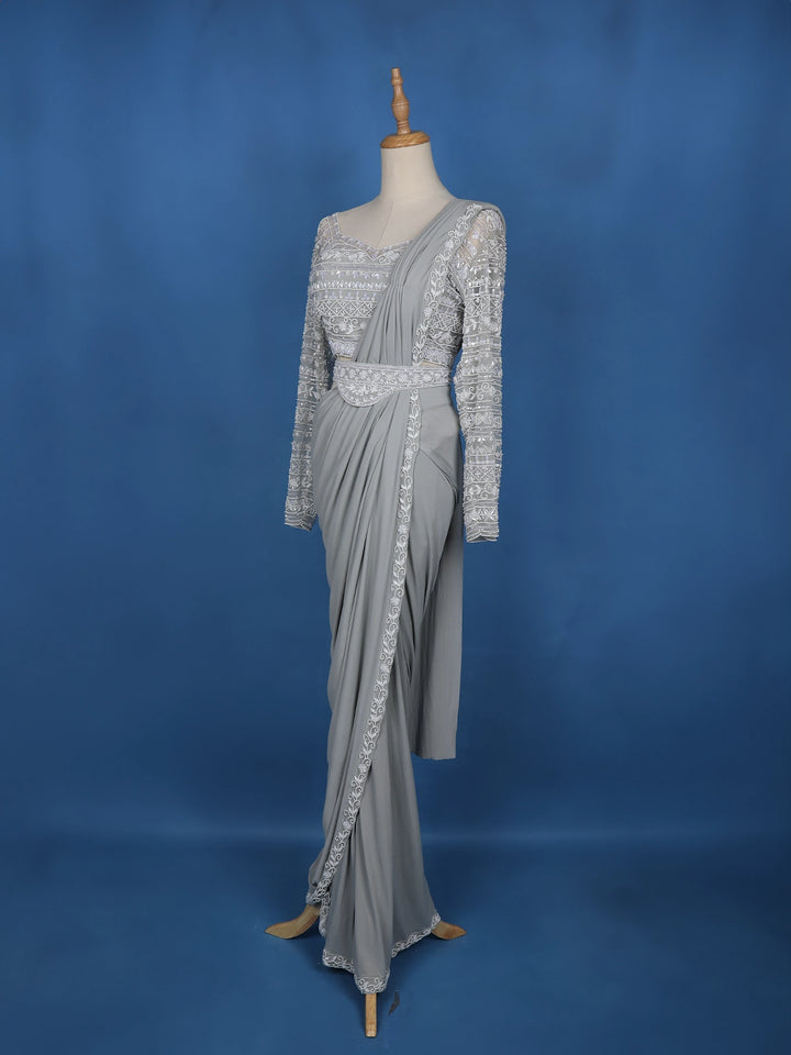 Grey Floral Embroidery Lyrca Ready To Wear Saree with Designer Blouse - Diadem