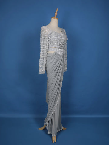 Grey Floral Embroidery Lyrca Ready To Wear Saree with Designer Blouse - Diadem