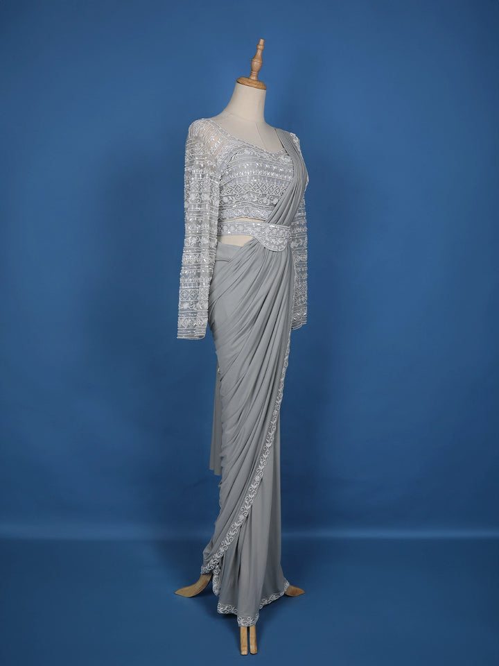 Grey Floral Embroidery Lyrca Ready To Wear Saree with Designer Blouse - Diadem