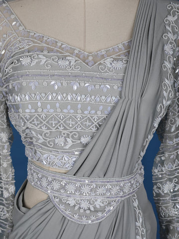 Grey Floral Embroidery Lyrca Ready To Wear Saree with Designer Blouse - Diadem