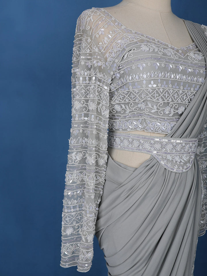 Grey Floral Embroidery Lyrca Ready To Wear Saree with Designer Blouse - Diadem