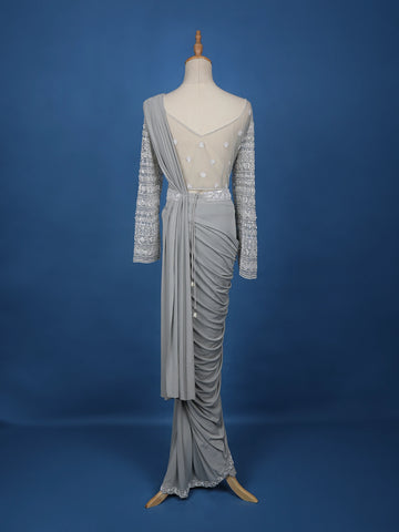 Grey Floral Embroidery Lyrca Ready To Wear Saree with Designer Blouse - Diadem