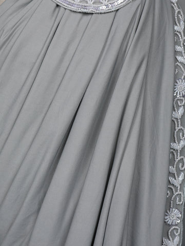 Grey Floral Embroidery Lyrca Ready To Wear Saree with Designer Blouse - Diadem