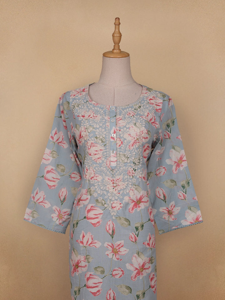 Grey Floral Printed Cotton Kurti - Diadem