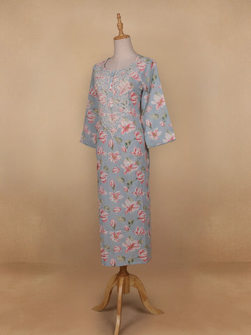 Grey Floral Printed Cotton Kurti - Diadem