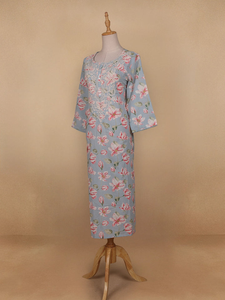 Grey Floral Printed Cotton Kurti - Diadem
