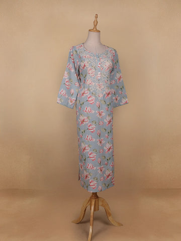 Grey Floral Printed Cotton Kurti - Diadem