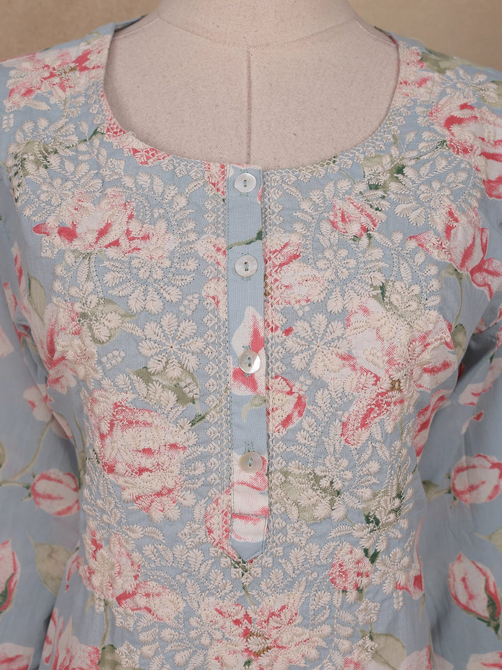 Grey Floral Printed Cotton Kurti - Diadem