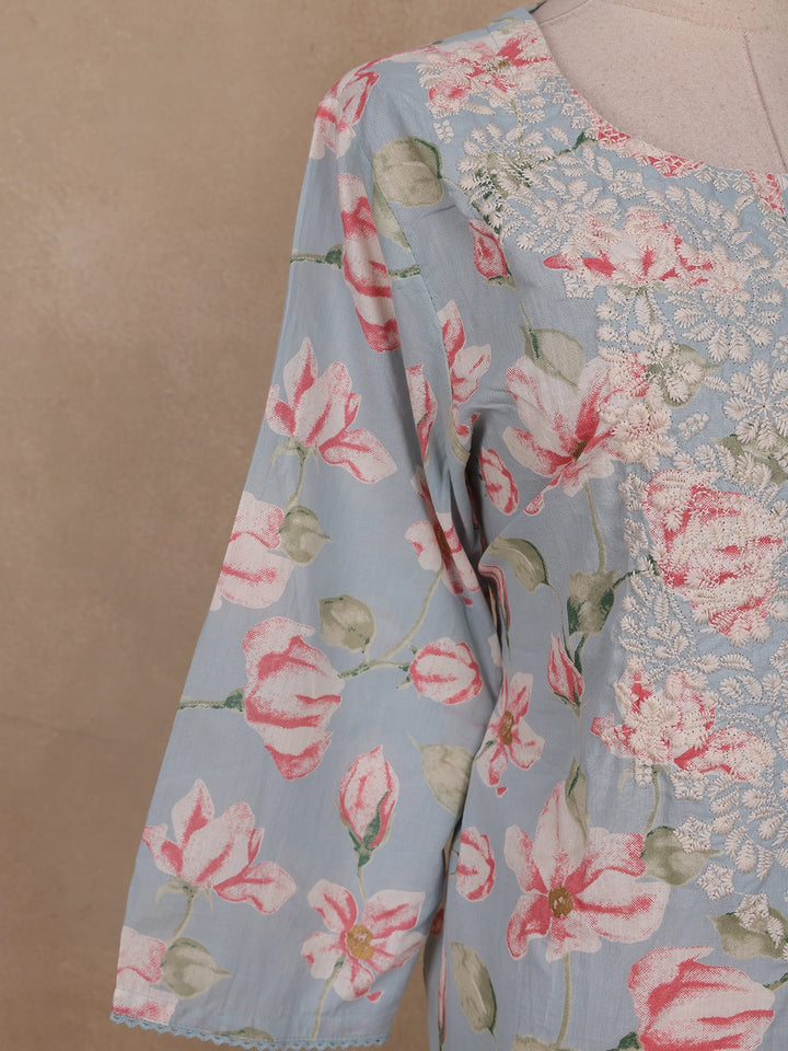 Grey Floral Printed Cotton Kurti - Diadem
