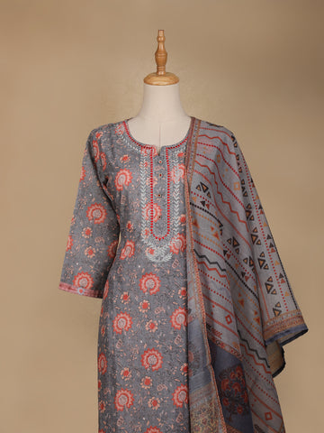 Grey Floral Printed Cotton Salwar Suit - Diadem