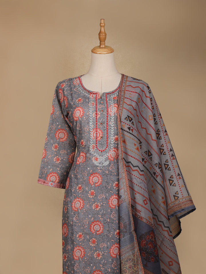 Grey Floral Printed Cotton Salwar Suit - Diadem