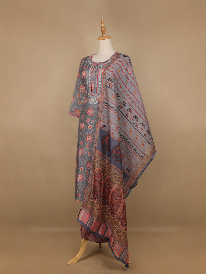 Grey Floral Printed Cotton Salwar Suit - Diadem